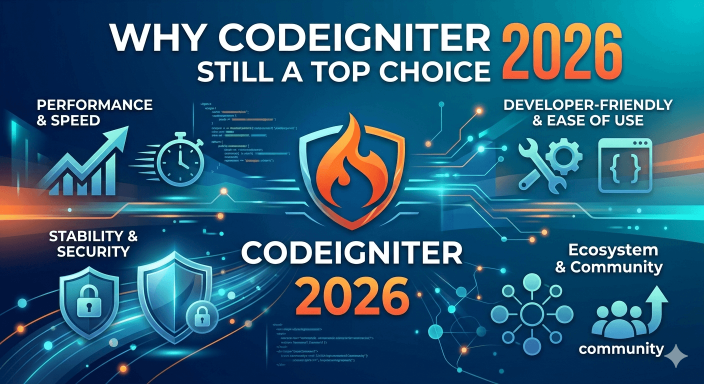 Infographic showing why CodeIgniter 2026 is a top choice for web development, highlighting speed, security, and developer-friendly ecosystem.