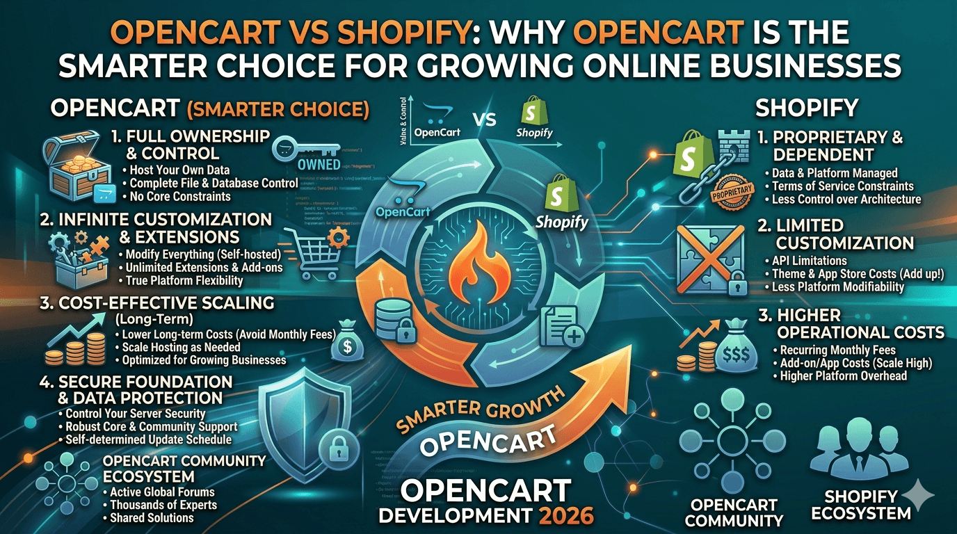 Comparison infographic between OpenCart and Shopify highlighting OpenCart’s advantages in ownership, zero monthly subscription fees, and unlimited code-level customization for scaling e-commerce businesses.