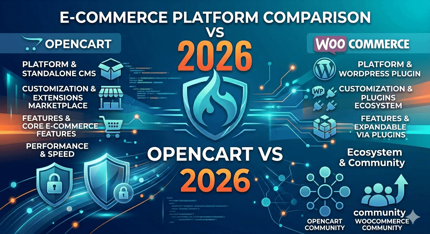 E-commerce platform comparison chart between OpenCart and WooCommerce for 2026, comparing performance, customization, and community support.