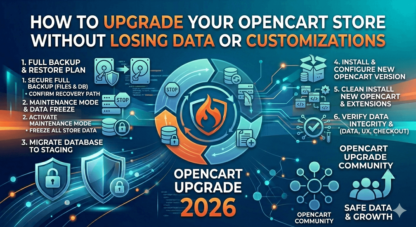 Step-by-step process for upgrading an OpenCart store safely, showing data backup, maintenance mode, and database verification steps.